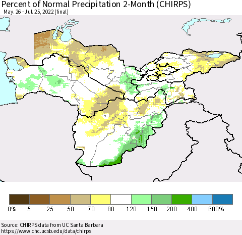 Central Asia Percent of Normal Precipitation 2-Month (CHIRPS) Thematic Map For 5/26/2022 - 7/25/2022