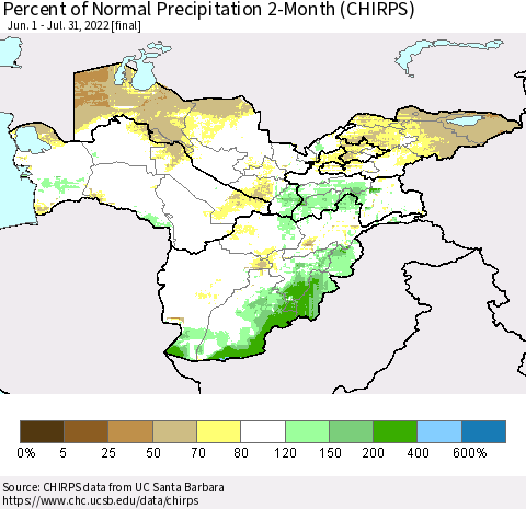 Central Asia Percent of Normal Precipitation 2-Month (CHIRPS) Thematic Map For 6/1/2022 - 7/31/2022