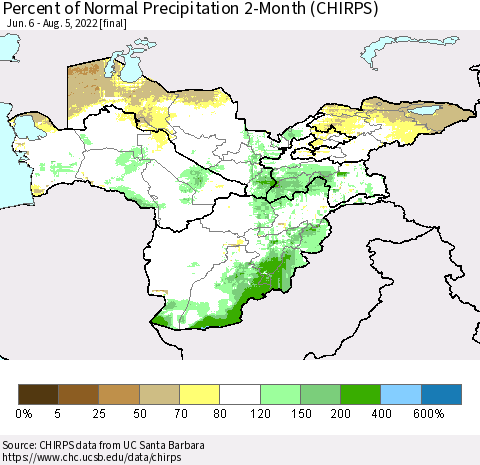 Central Asia Percent of Normal Precipitation 2-Month (CHIRPS) Thematic Map For 6/6/2022 - 8/5/2022