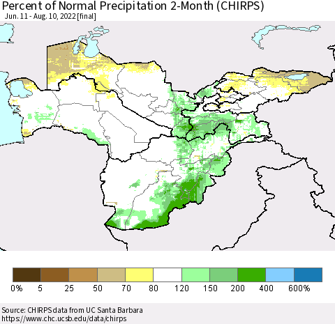 Central Asia Percent of Normal Precipitation 2-Month (CHIRPS) Thematic Map For 6/11/2022 - 8/10/2022