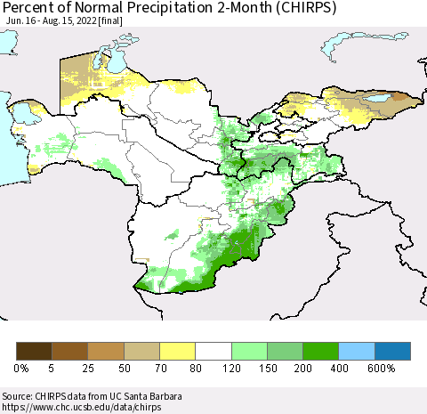 Central Asia Percent of Normal Precipitation 2-Month (CHIRPS) Thematic Map For 6/16/2022 - 8/15/2022