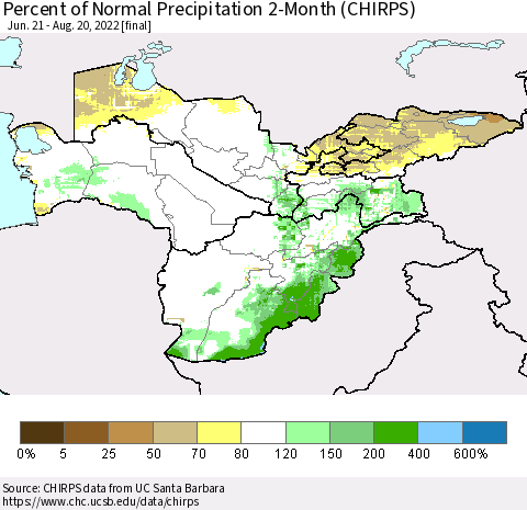 Central Asia Percent of Normal Precipitation 2-Month (CHIRPS) Thematic Map For 6/21/2022 - 8/20/2022