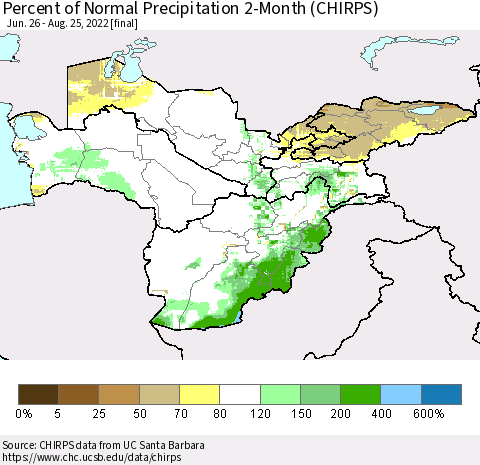 Central Asia Percent of Normal Precipitation 2-Month (CHIRPS) Thematic Map For 6/26/2022 - 8/25/2022