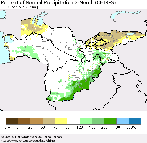 Central Asia Percent of Normal Precipitation 2-Month (CHIRPS) Thematic Map For 7/6/2022 - 9/5/2022