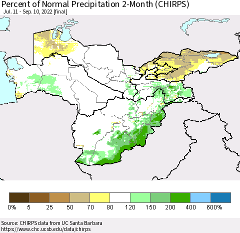 Central Asia Percent of Normal Precipitation 2-Month (CHIRPS) Thematic Map For 7/11/2022 - 9/10/2022