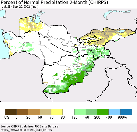 Central Asia Percent of Normal Precipitation 2-Month (CHIRPS) Thematic Map For 7/21/2022 - 9/20/2022