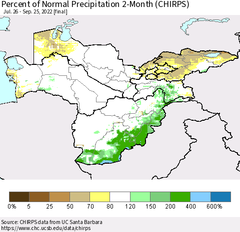 Central Asia Percent of Normal Precipitation 2-Month (CHIRPS) Thematic Map For 7/26/2022 - 9/25/2022