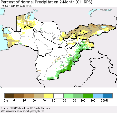 Central Asia Percent of Normal Precipitation 2-Month (CHIRPS) Thematic Map For 8/1/2022 - 9/30/2022