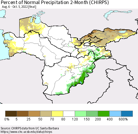 Central Asia Percent of Normal Precipitation 2-Month (CHIRPS) Thematic Map For 8/6/2022 - 10/5/2022