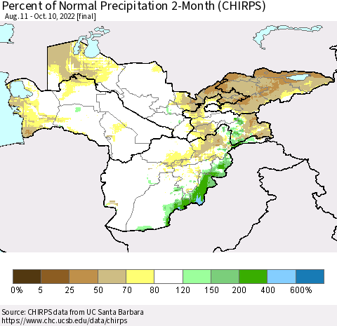 Central Asia Percent of Normal Precipitation 2-Month (CHIRPS) Thematic Map For 8/11/2022 - 10/10/2022