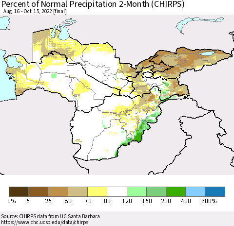 Central Asia Percent of Normal Precipitation 2-Month (CHIRPS) Thematic Map For 8/16/2022 - 10/15/2022