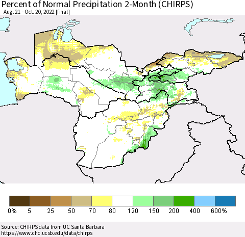 Central Asia Percent of Normal Precipitation 2-Month (CHIRPS) Thematic Map For 8/21/2022 - 10/20/2022