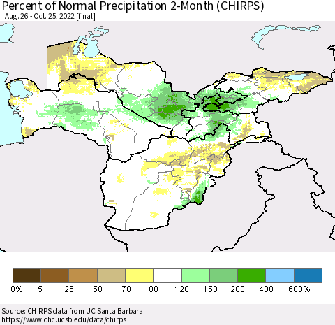 Central Asia Percent of Normal Precipitation 2-Month (CHIRPS) Thematic Map For 8/26/2022 - 10/25/2022