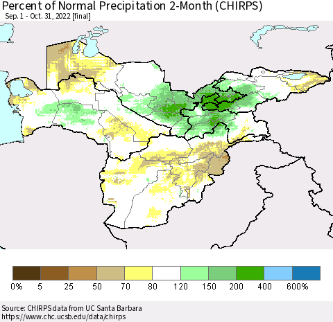 Central Asia Percent of Normal Precipitation 2-Month (CHIRPS) Thematic Map For 9/1/2022 - 10/31/2022