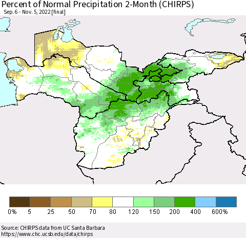 Central Asia Percent of Normal Precipitation 2-Month (CHIRPS) Thematic Map For 9/6/2022 - 11/5/2022