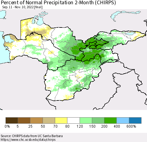 Central Asia Percent of Normal Precipitation 2-Month (CHIRPS) Thematic Map For 9/11/2022 - 11/10/2022
