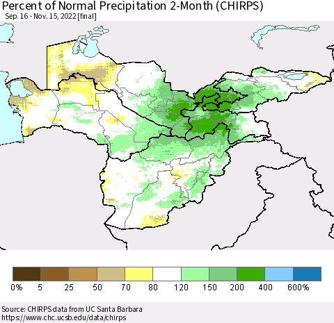Central Asia Percent of Normal Precipitation 2-Month (CHIRPS) Thematic Map For 9/16/2022 - 11/15/2022