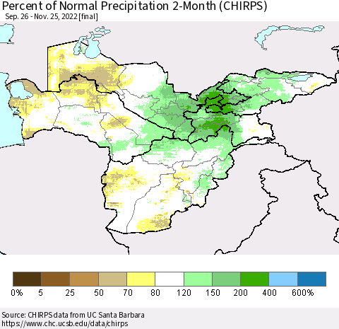 Central Asia Percent of Normal Precipitation 2-Month (CHIRPS) Thematic Map For 9/26/2022 - 11/25/2022