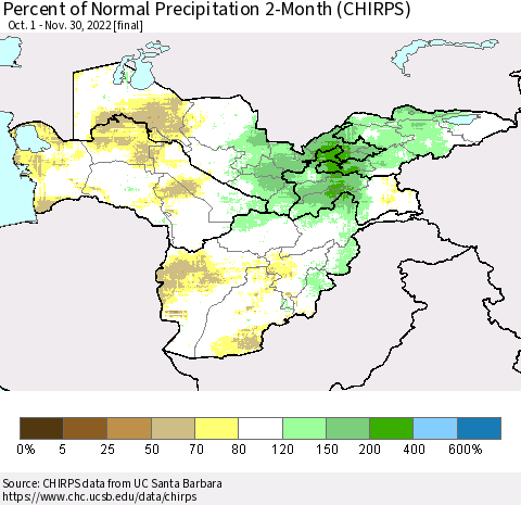 Central Asia Percent of Normal Precipitation 2-Month (CHIRPS) Thematic Map For 10/1/2022 - 11/30/2022