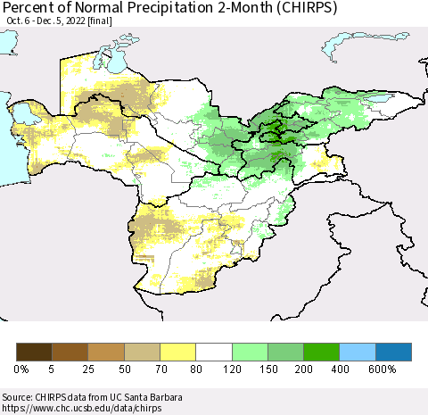 Central Asia Percent of Normal Precipitation 2-Month (CHIRPS) Thematic Map For 10/6/2022 - 12/5/2022