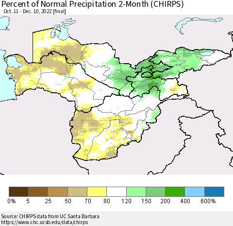 Central Asia Percent of Normal Precipitation 2-Month (CHIRPS) Thematic Map For 10/11/2022 - 12/10/2022