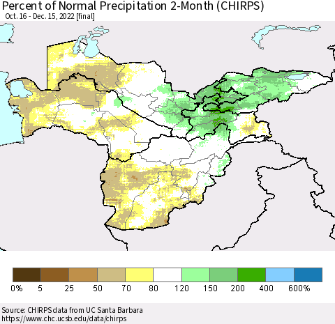 Central Asia Percent of Normal Precipitation 2-Month (CHIRPS) Thematic Map For 10/16/2022 - 12/15/2022