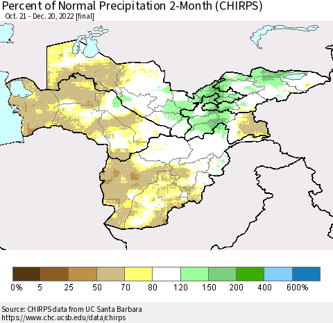 Central Asia Percent of Normal Precipitation 2-Month (CHIRPS) Thematic Map For 10/21/2022 - 12/20/2022