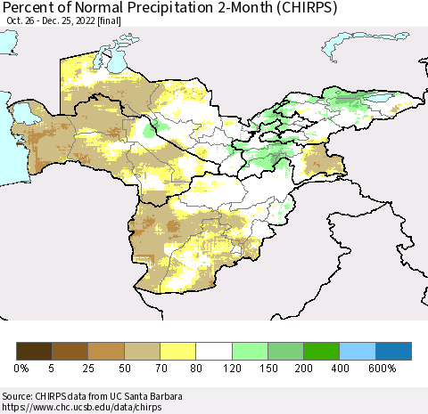 Central Asia Percent of Normal Precipitation 2-Month (CHIRPS) Thematic Map For 10/26/2022 - 12/25/2022