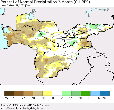 Central Asia Percent of Normal Precipitation 2-Month (CHIRPS) Thematic Map For 11/1/2022 - 12/31/2022