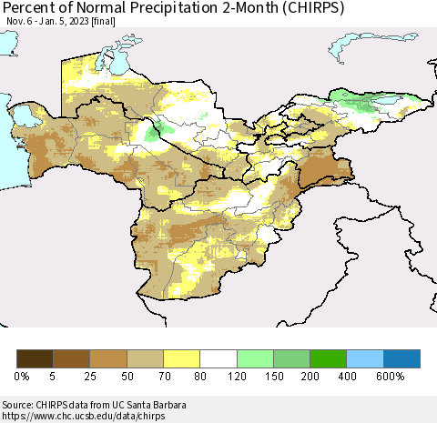Central Asia Percent of Normal Precipitation 2-Month (CHIRPS) Thematic Map For 11/6/2022 - 1/5/2023