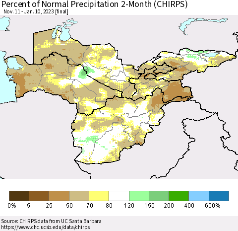 Central Asia Percent of Normal Precipitation 2-Month (CHIRPS) Thematic Map For 11/11/2022 - 1/10/2023