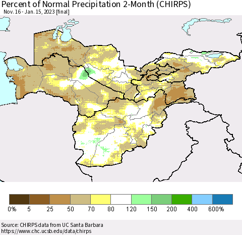 Central Asia Percent of Normal Precipitation 2-Month (CHIRPS) Thematic Map For 11/16/2022 - 1/15/2023
