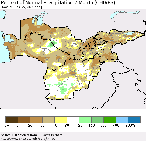 Central Asia Percent of Normal Precipitation 2-Month (CHIRPS) Thematic Map For 11/26/2022 - 1/25/2023