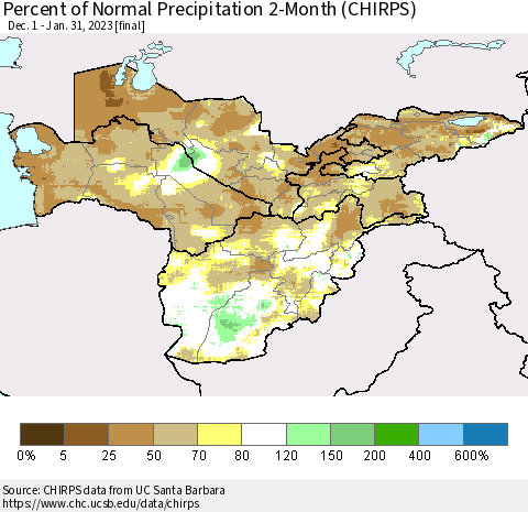 Central Asia Percent of Normal Precipitation 2-Month (CHIRPS) Thematic Map For 12/1/2022 - 1/31/2023