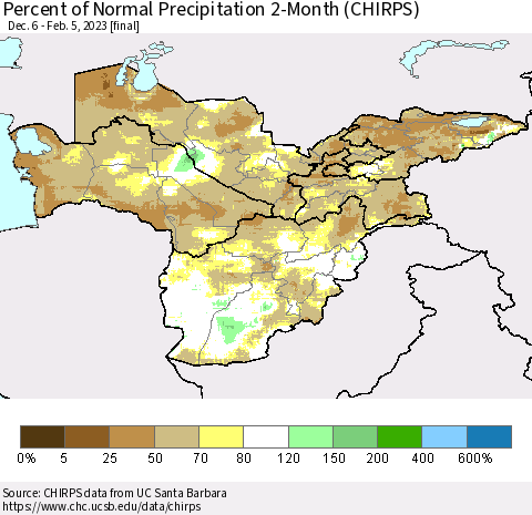 Central Asia Percent of Normal Precipitation 2-Month (CHIRPS) Thematic Map For 12/6/2022 - 2/5/2023