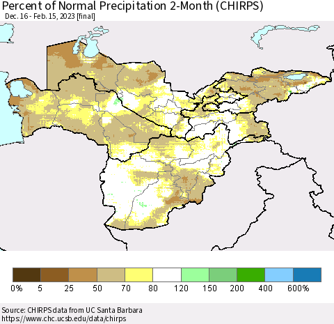 Central Asia Percent of Normal Precipitation 2-Month (CHIRPS) Thematic Map For 12/16/2022 - 2/15/2023