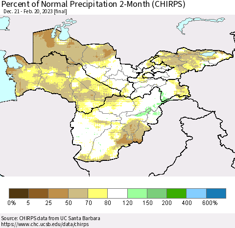Central Asia Percent of Normal Precipitation 2-Month (CHIRPS) Thematic Map For 12/21/2022 - 2/20/2023