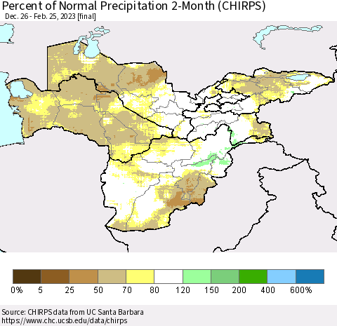 Central Asia Percent of Normal Precipitation 2-Month (CHIRPS) Thematic Map For 12/26/2022 - 2/25/2023