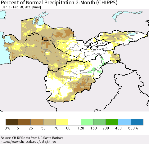 Central Asia Percent of Normal Precipitation 2-Month (CHIRPS) Thematic Map For 1/1/2023 - 2/28/2023