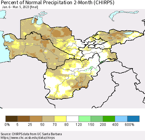 Central Asia Percent of Normal Precipitation 2-Month (CHIRPS) Thematic Map For 1/6/2023 - 3/5/2023