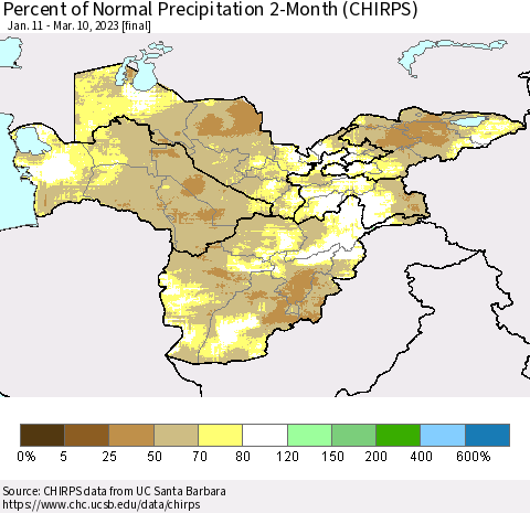 Central Asia Percent of Normal Precipitation 2-Month (CHIRPS) Thematic Map For 1/11/2023 - 3/10/2023