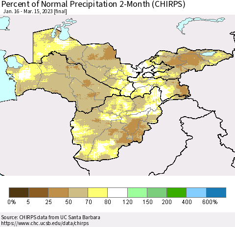 Central Asia Percent of Normal Precipitation 2-Month (CHIRPS) Thematic Map For 1/16/2023 - 3/15/2023