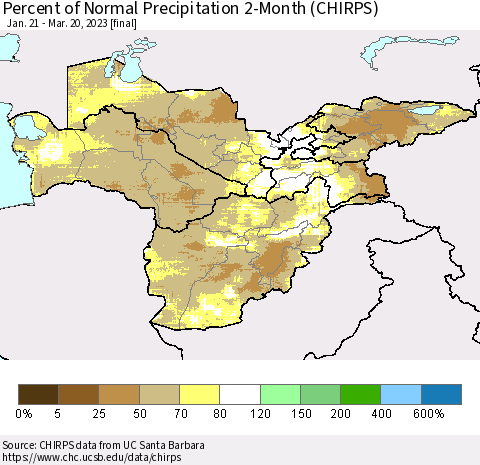 Central Asia Percent of Normal Precipitation 2-Month (CHIRPS) Thematic Map For 1/21/2023 - 3/20/2023