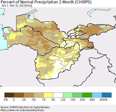 Central Asia Percent of Normal Precipitation 2-Month (CHIRPS) Thematic Map For 2/1/2023 - 3/31/2023