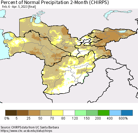 Central Asia Percent of Normal Precipitation 2-Month (CHIRPS) Thematic Map For 2/6/2023 - 4/5/2023