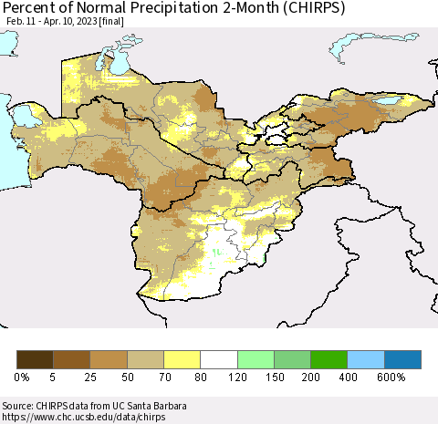 Central Asia Percent of Normal Precipitation 2-Month (CHIRPS) Thematic Map For 2/11/2023 - 4/10/2023