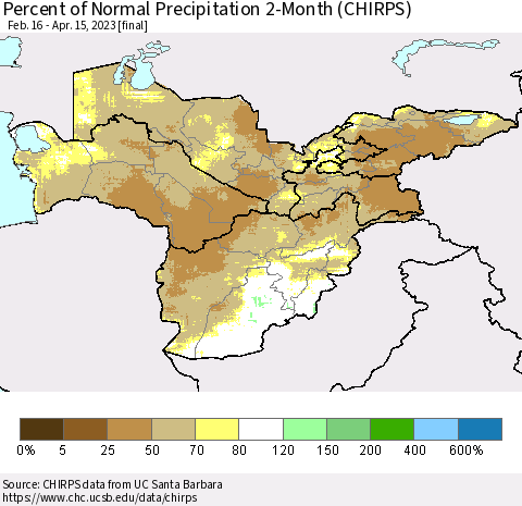 Central Asia Percent of Normal Precipitation 2-Month (CHIRPS) Thematic Map For 2/16/2023 - 4/15/2023
