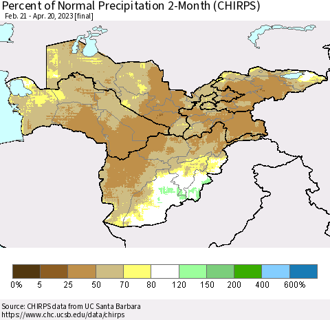 Central Asia Percent of Normal Precipitation 2-Month (CHIRPS) Thematic Map For 2/21/2023 - 4/20/2023