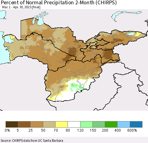 Central Asia Percent of Normal Precipitation 2-Month (CHIRPS) Thematic Map For 3/1/2023 - 4/30/2023