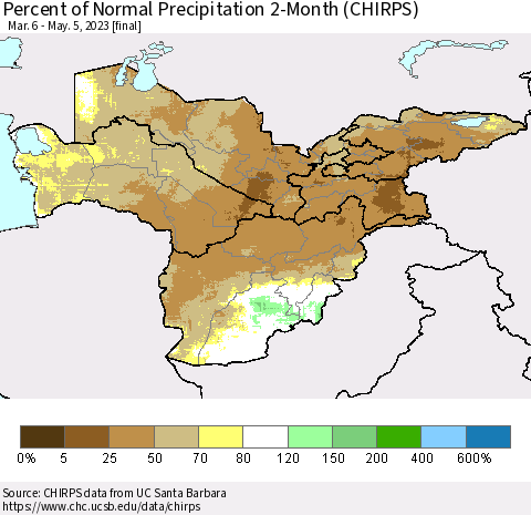 Central Asia Percent of Normal Precipitation 2-Month (CHIRPS) Thematic Map For 3/6/2023 - 5/5/2023